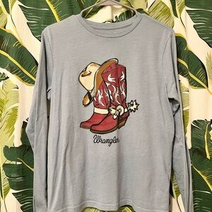 Wrangler Blue-Gray Long Sleeve Tee with Western Boot Design